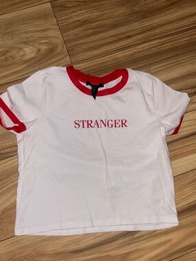 Forever 21 White Tee with Red Ringer Trim and 'STRANGER' Print